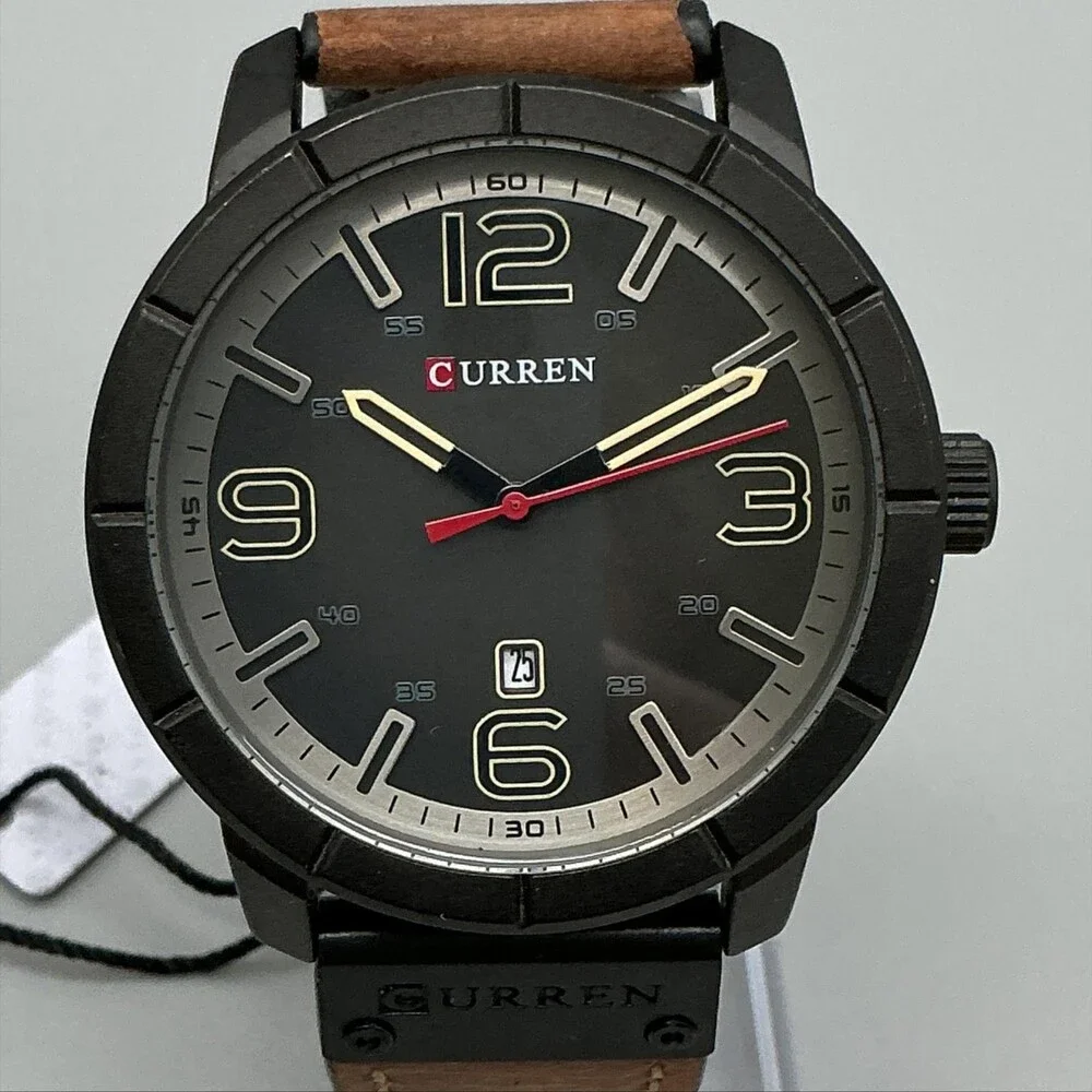 Curren M-8327 Mens Watch 48mm Black Gray Dial Brown Leather Date New Battery